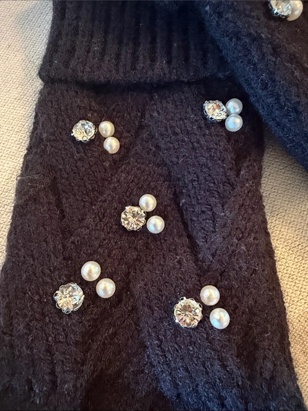 INC Black Knit Pearl Crystal Gloves